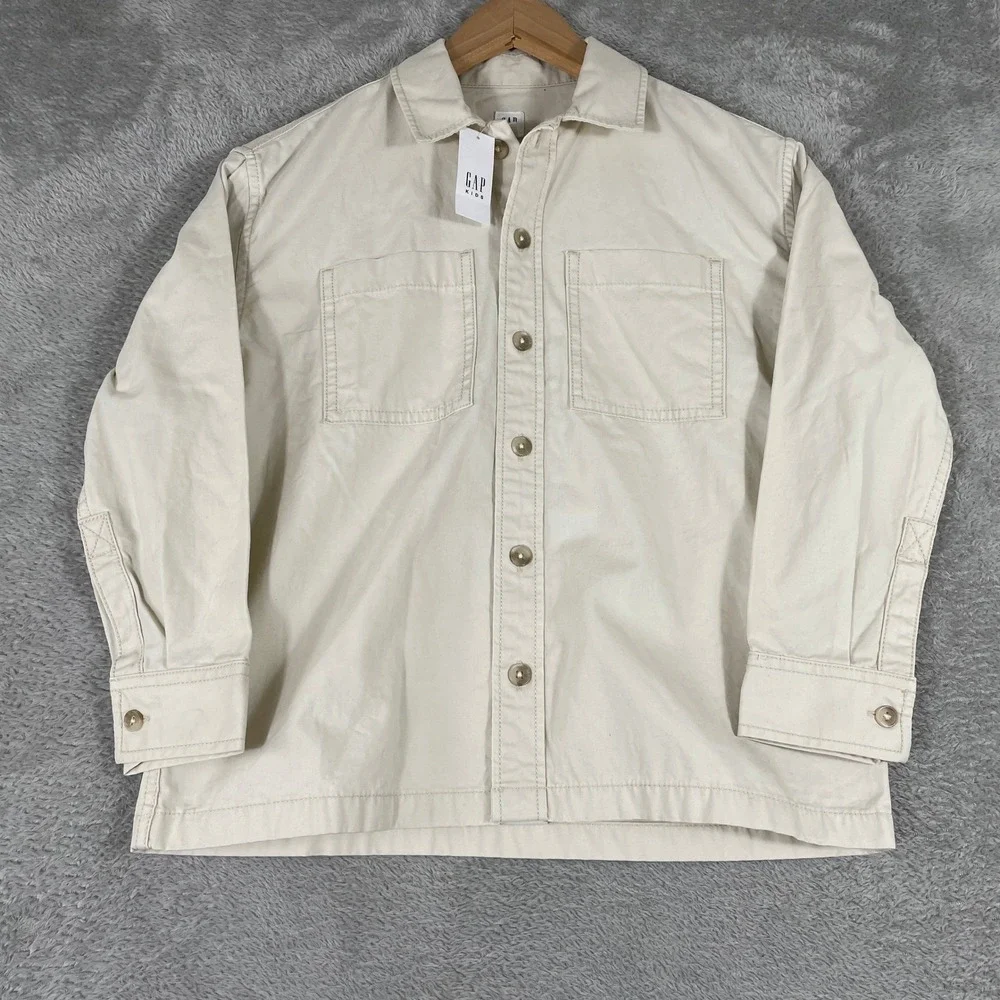 Gap Kids Button‎ Up Shirt Youth Medium 8 Cream Utility Workwear Overshirt
